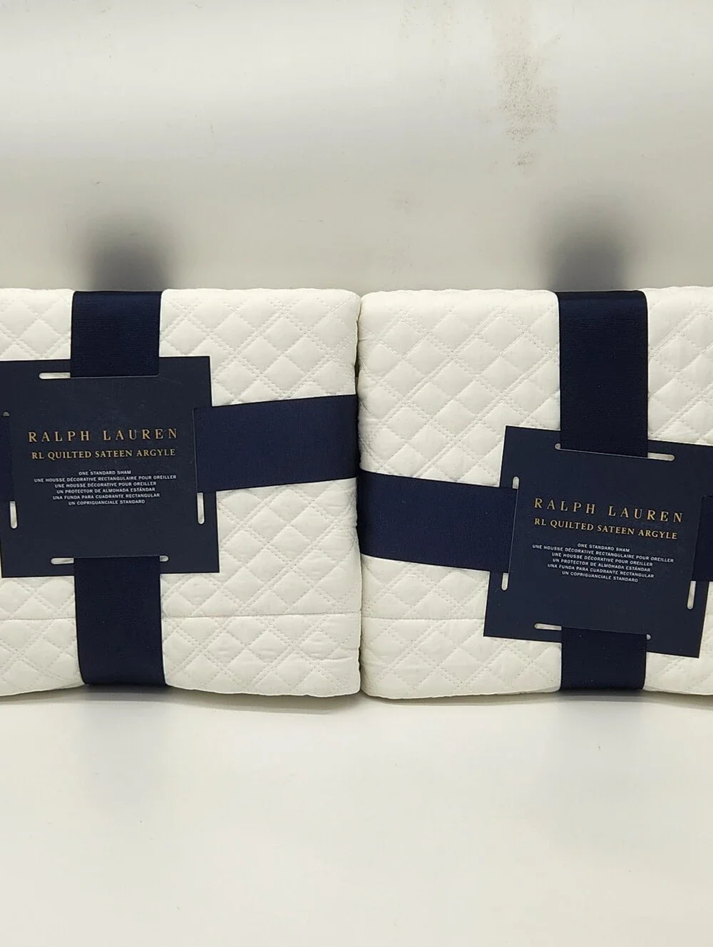 Ralph Lauren RL Quilted Sateen Argyle Standard Shams Set of 2 Studio White